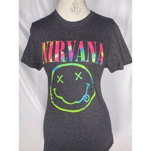 NIRVANA 90's Smiley Face Logo Nevermind Grey T-Shirt Women's MEDIUM